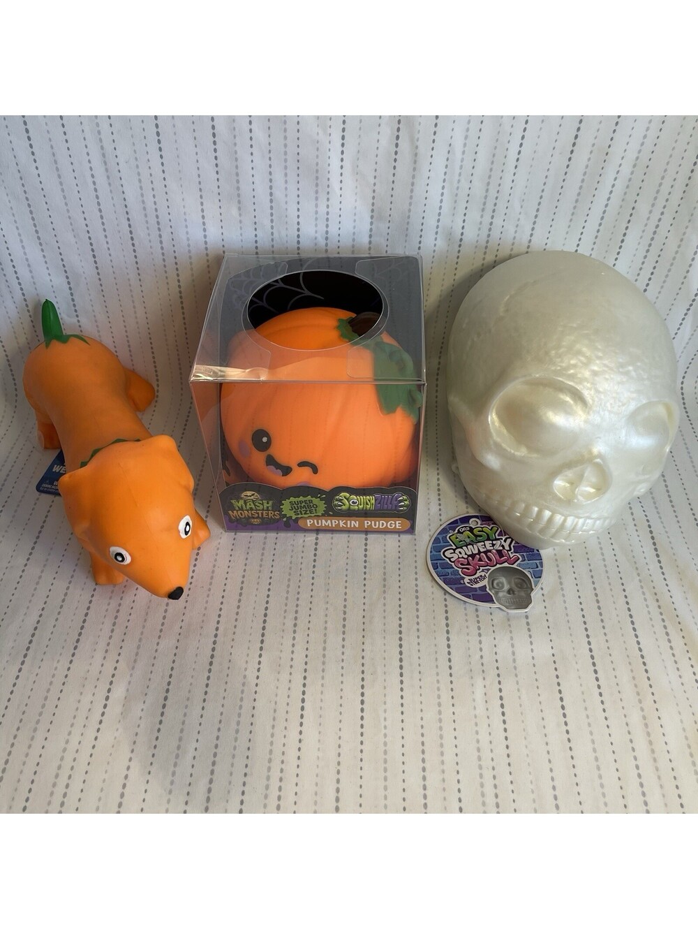 Halloween Jumbo Squeezy Squishy Bundle Lot Of 3 Orb Skull, Weiner Dog, & Pumpkin